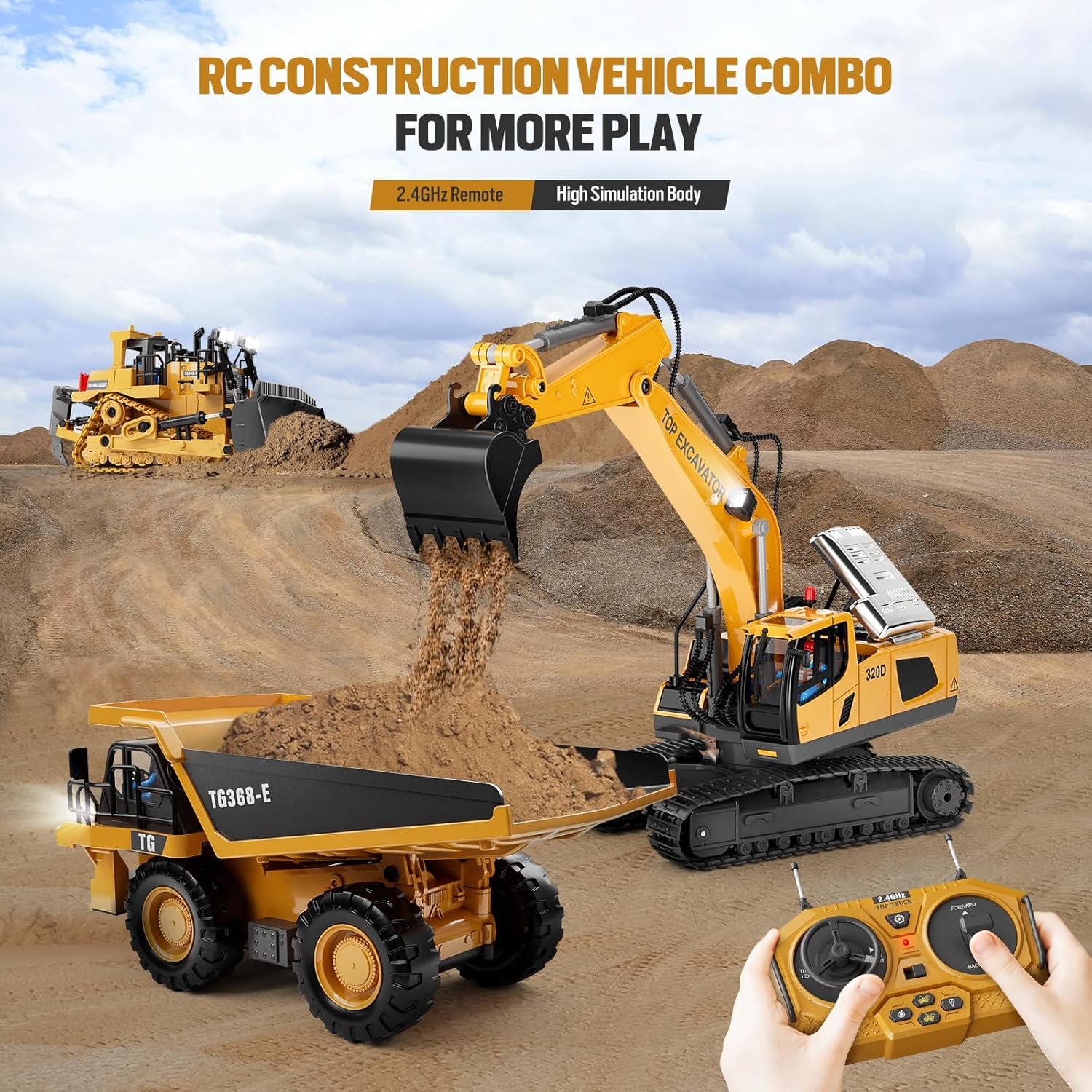 Remote Control Excavator Construction Toys for Boys, 2×1200mAh RC Construction Truck with Metal