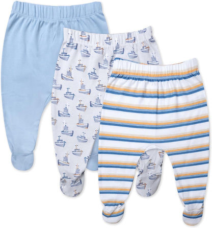 HonestBaby 3-pack Footed Pants Roomy Fit Pull on Bottoms 100% Organic Cotton for Infant Baby Boys