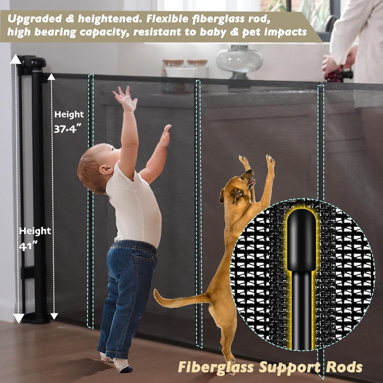 200" Retractable Baby Gates Extra Wide for Large Opening, 41" Extra Tall Retractable Dog Gate Pet