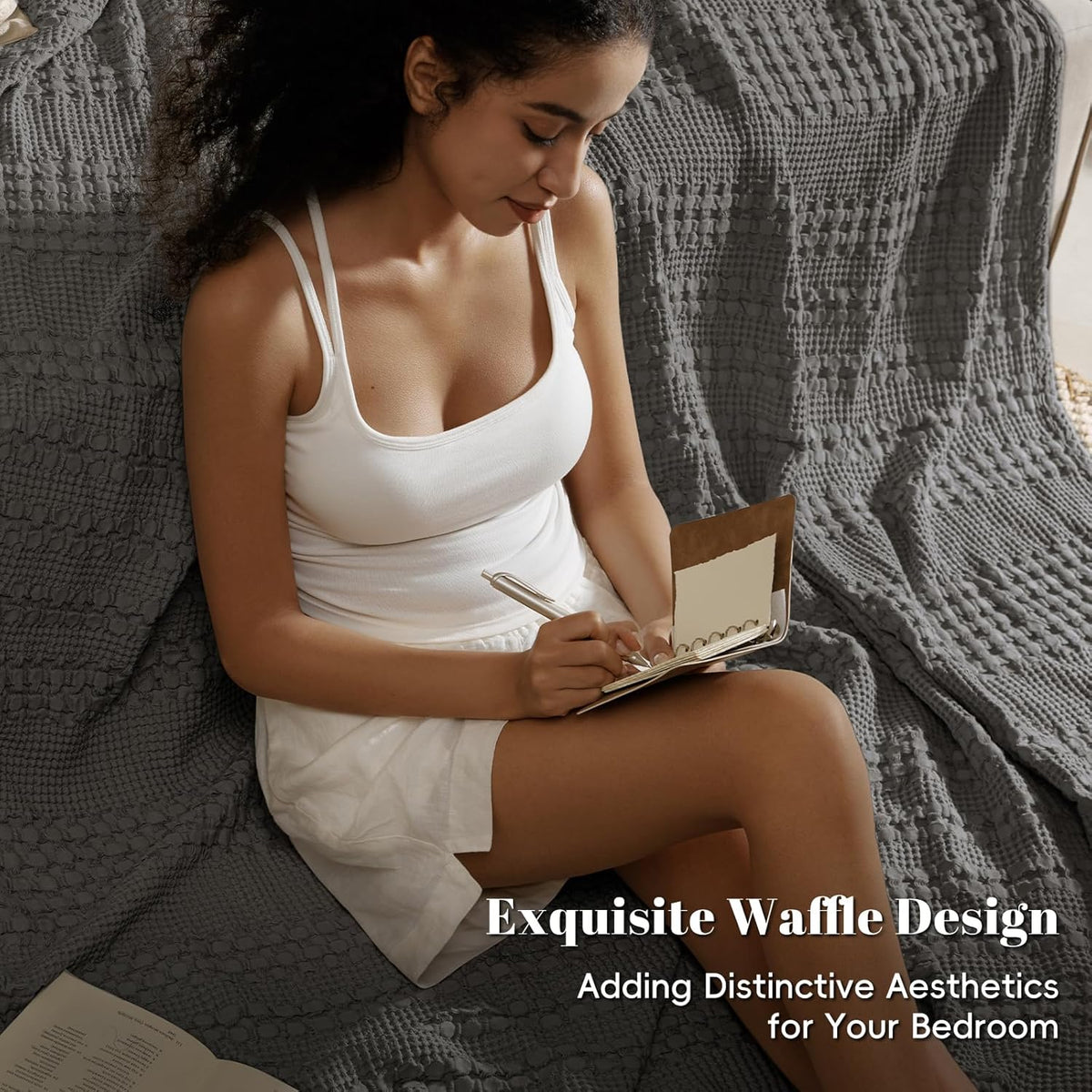 PHF 100% Cotton Waffle Weave Blanket King Size, Soft Lightweight Breathable Cozy Summer Blankets