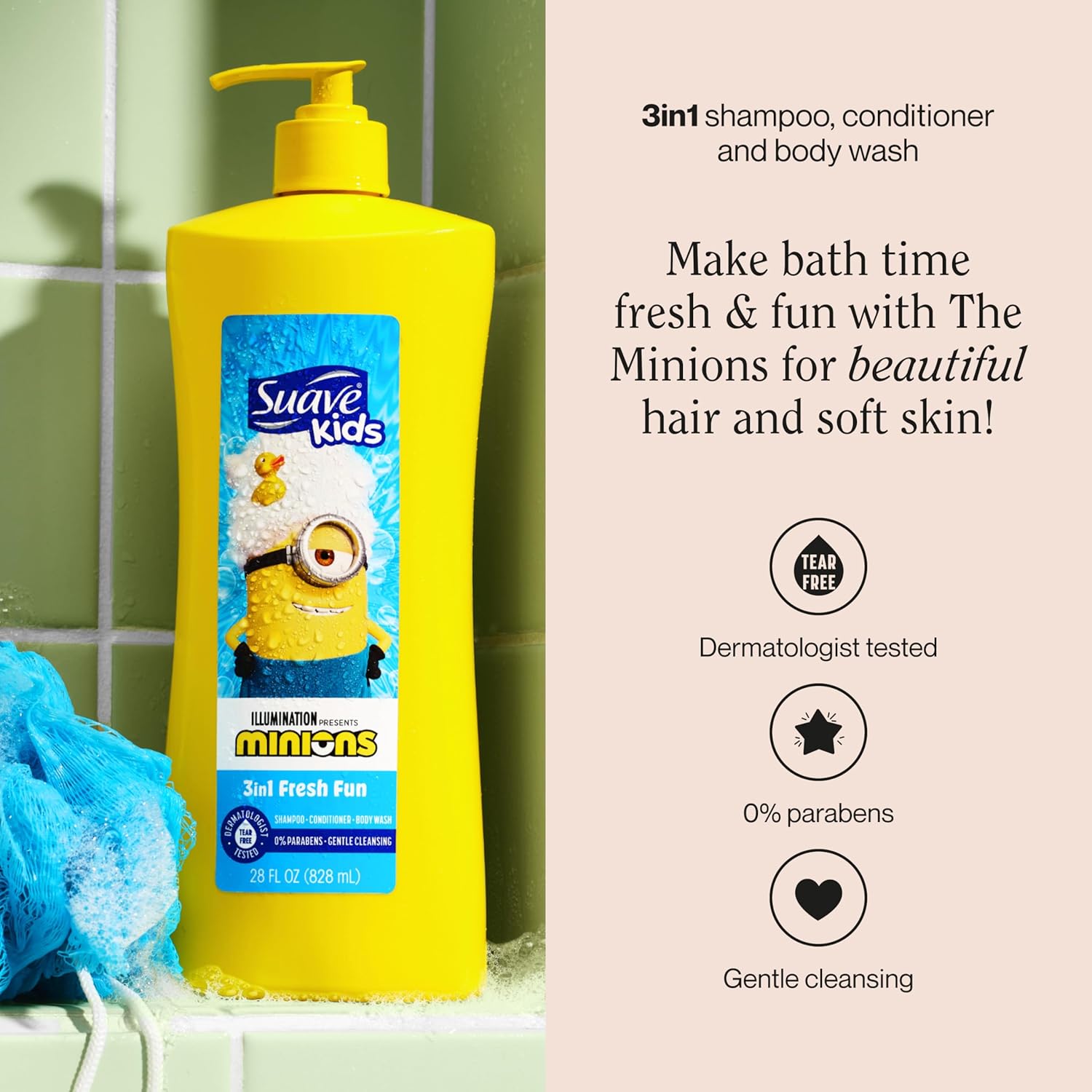 Suave Kids Minions 3-In-1 Shampoo, Conditioner, and Body Wash, For Tear-Free and Gentle Cleansing