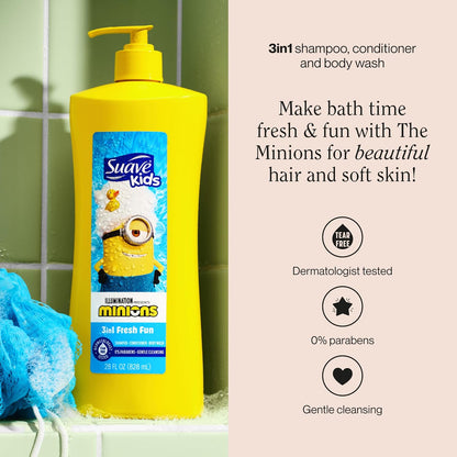 Suave Kids Minions 3-In-1 Shampoo, Conditioner, and Body Wash, For Tear-Free and Gentle Cleansing