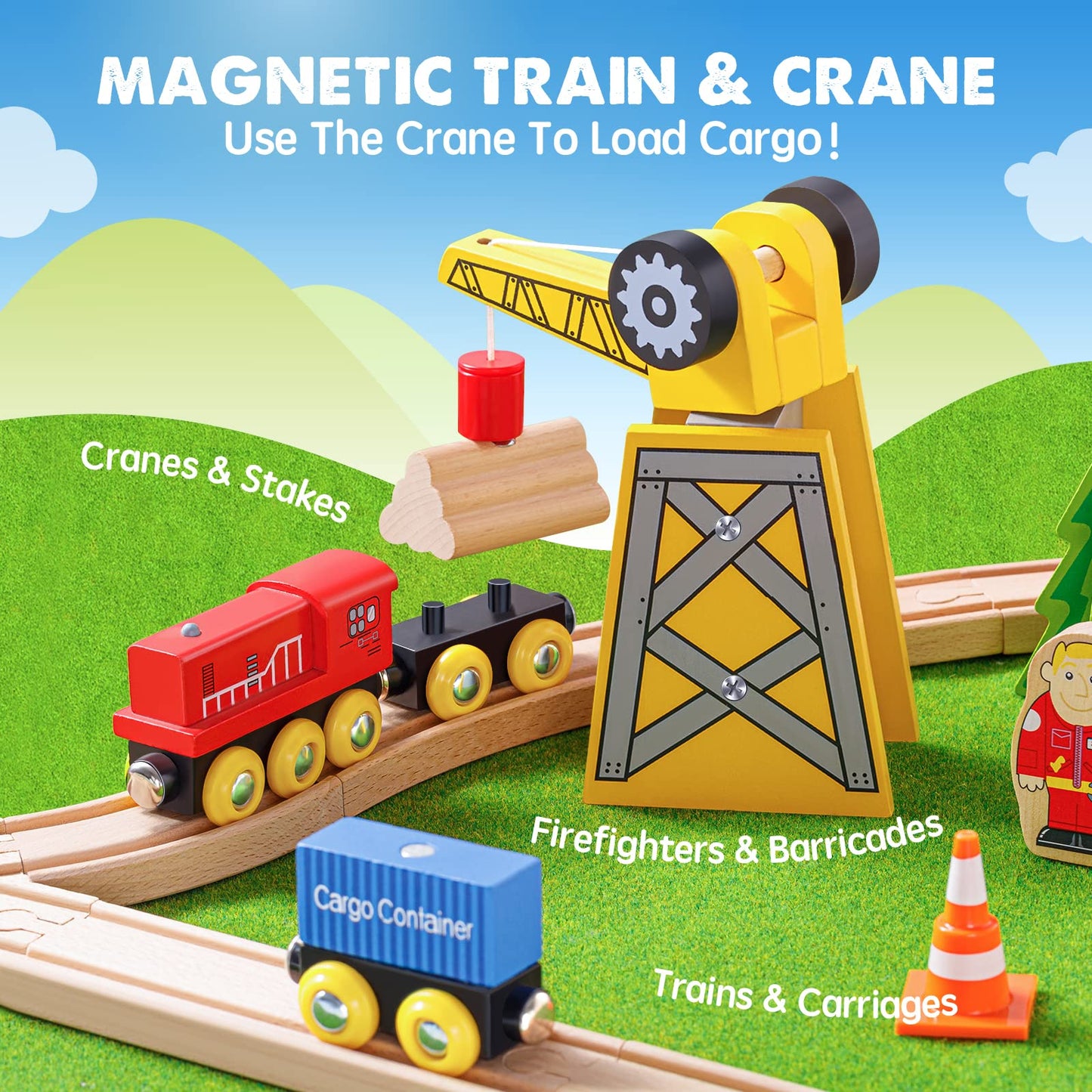 Tiny Land 55PCS Wooden Train Set, Durable Wooden Railway Tracks
