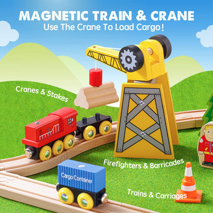 Tiny Land 55PCS Wooden Train Set, Durable Wooden Railway Tracks