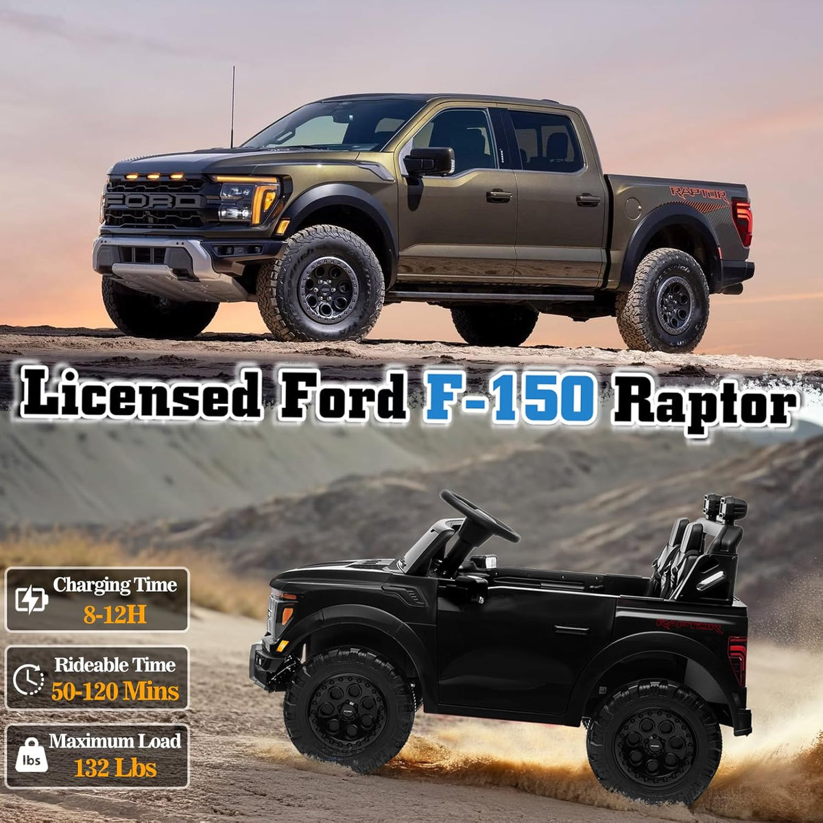24V Ride on Car Licensed Ford F-150 Raptor, Kids Electric Car with Remote Control, LED