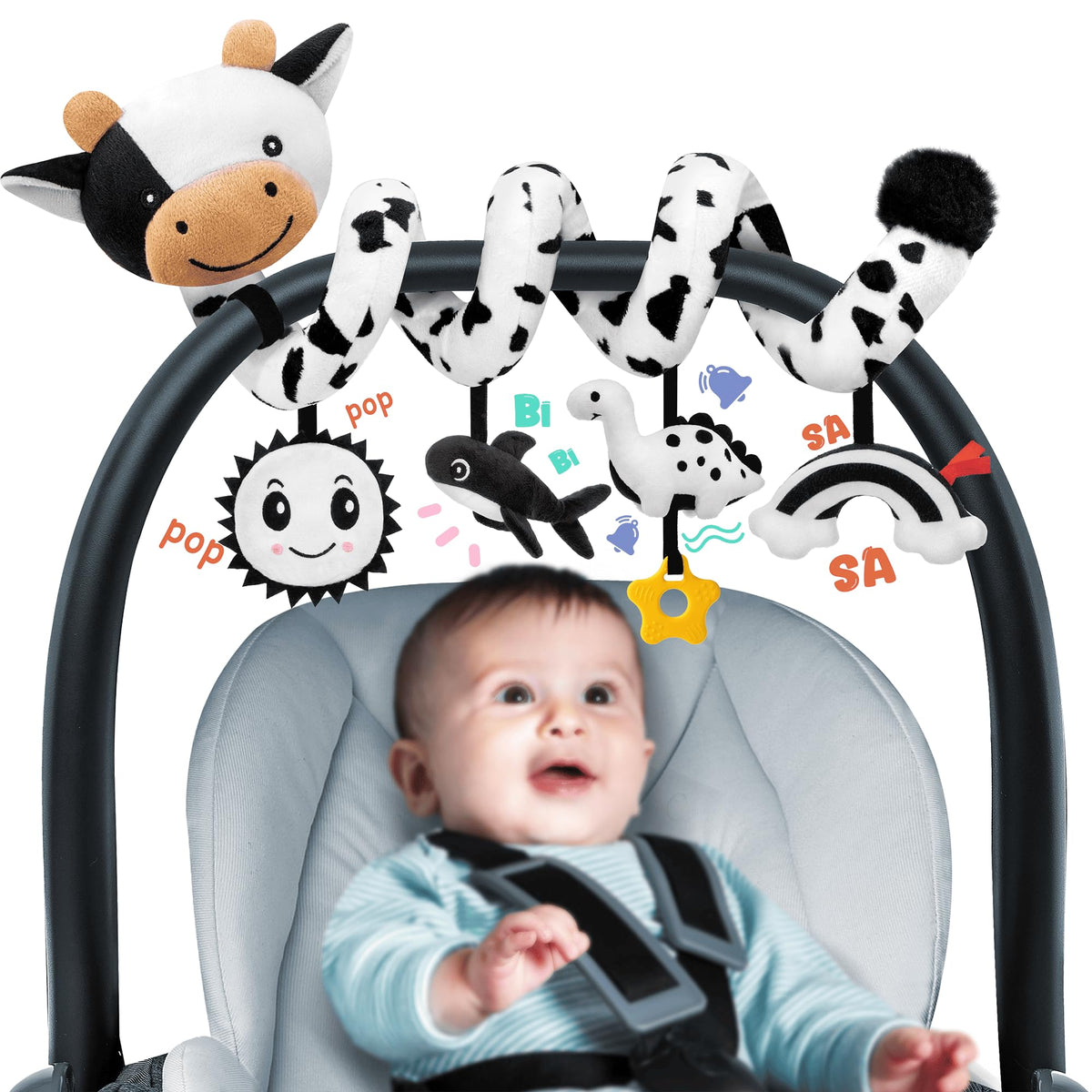 Spiral Car Seat Baby Toys 0-6 Months, Infant Carseat High Contrast Sensory Toys Hanging Stroller