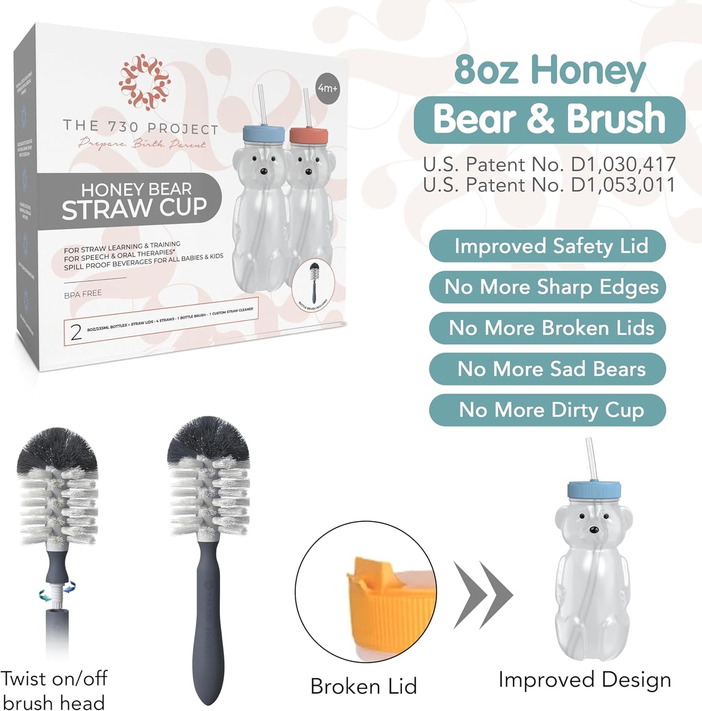 Honey Bear Straw Cup for Babies, 8oz Honey BearCup with Bottle Brush, 2-Pack Improved Lid Therapy