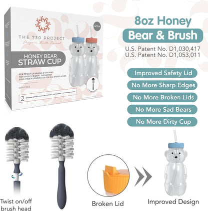 Honey Bear Straw Cup for Babies, 8oz Honey BearCup with Bottle Brush, 2-Pack Improved Lid Therapy