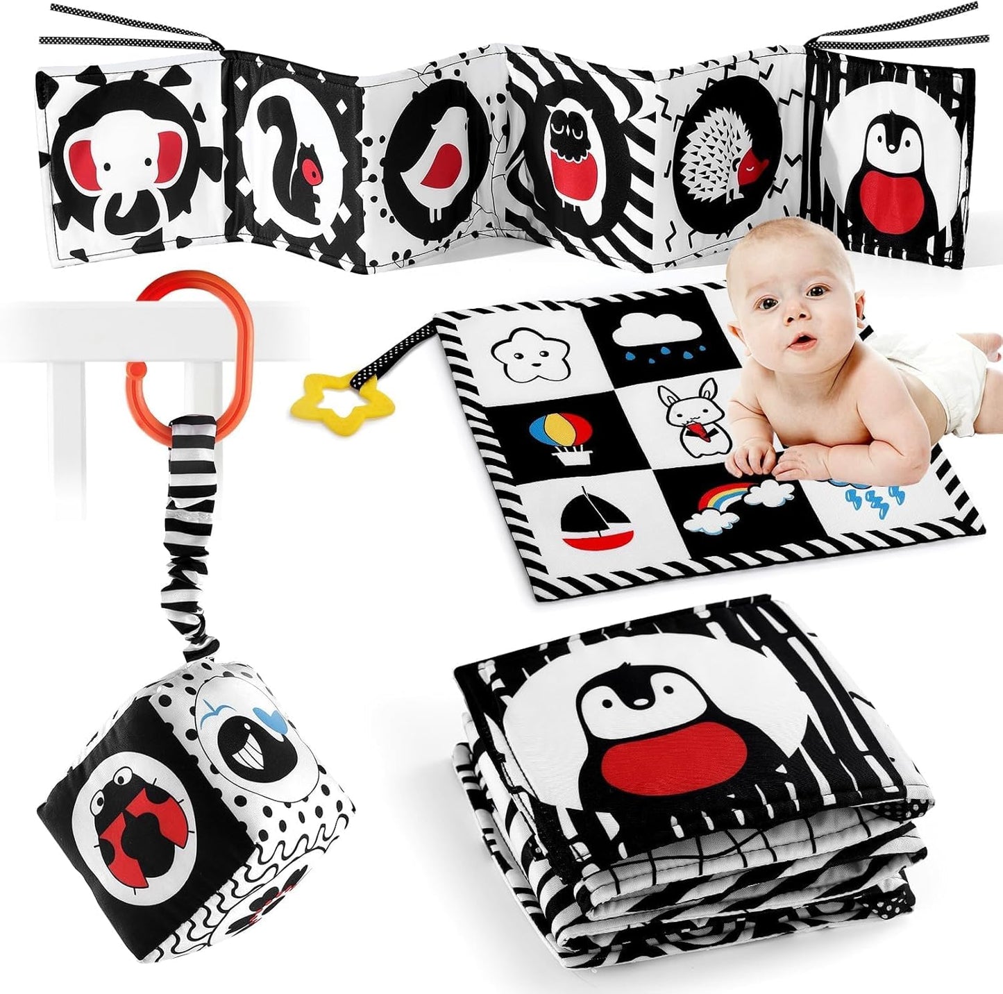 SAMMAS 3 Pcs Black and White High Contrast Baby Toys, 0-6 Months, Sensory Soft Book, Montessori