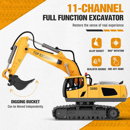 Remote Control Excavator Construction Toys for Boys, 2×1200mAh RC Construction Truck with Metal