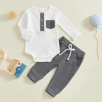 fhutpw Baby Boy Clothes 3 6 12 18 Months Ribbed Knitted Long Sleeve Romper and Pants Sets Newborn