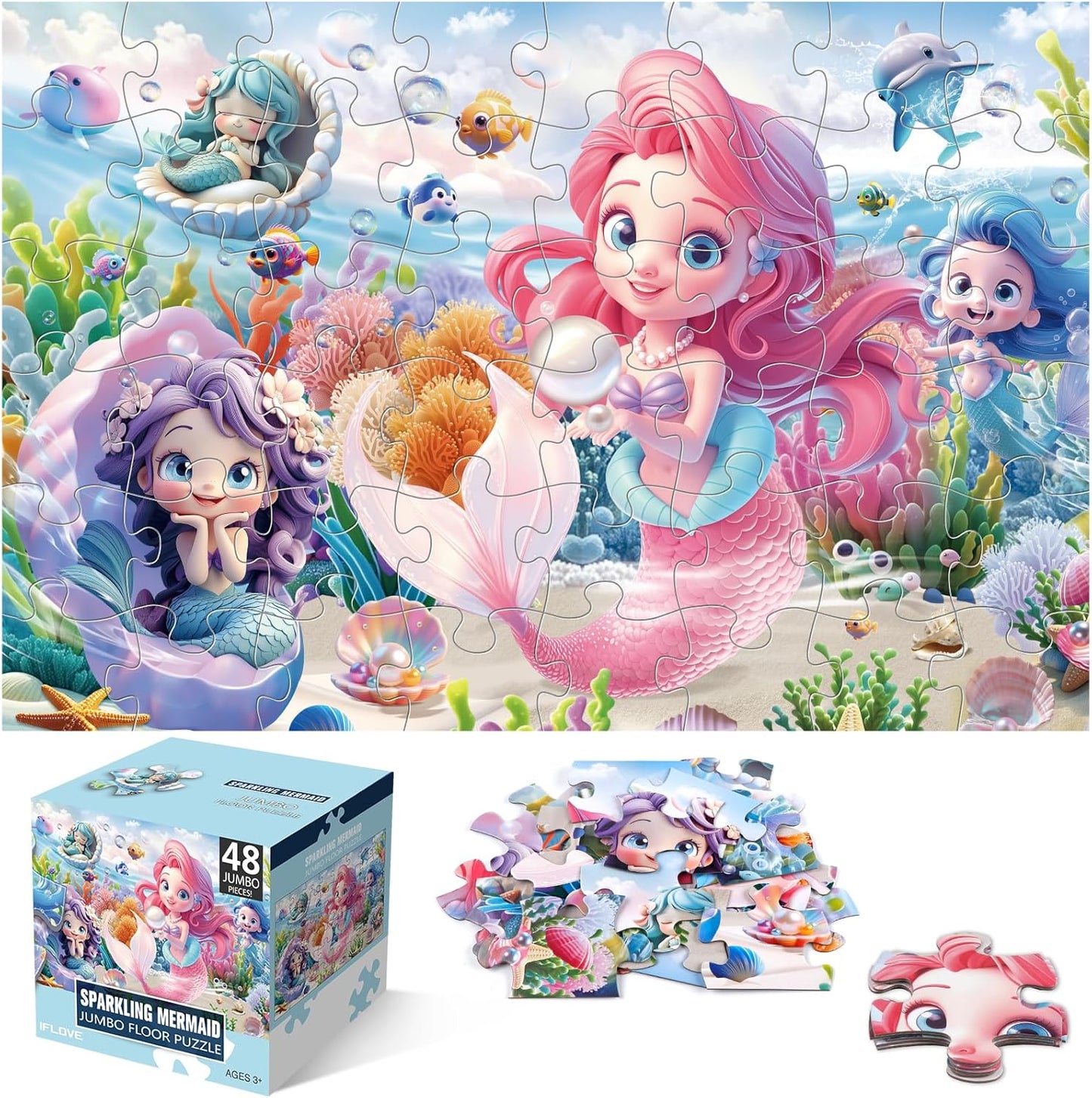 Jumbo Floor Puzzle for Toddlers & Kids Ages 3-5, 48-Piece Mermaid and Underwater Large Jigsaw