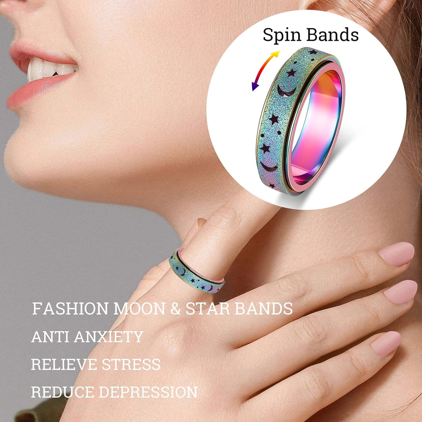 Anxiety Ring for Women Men, Titanium Stainless Steel Spinner Ring, 5 Colors, 6MM, Size 6-10, 3