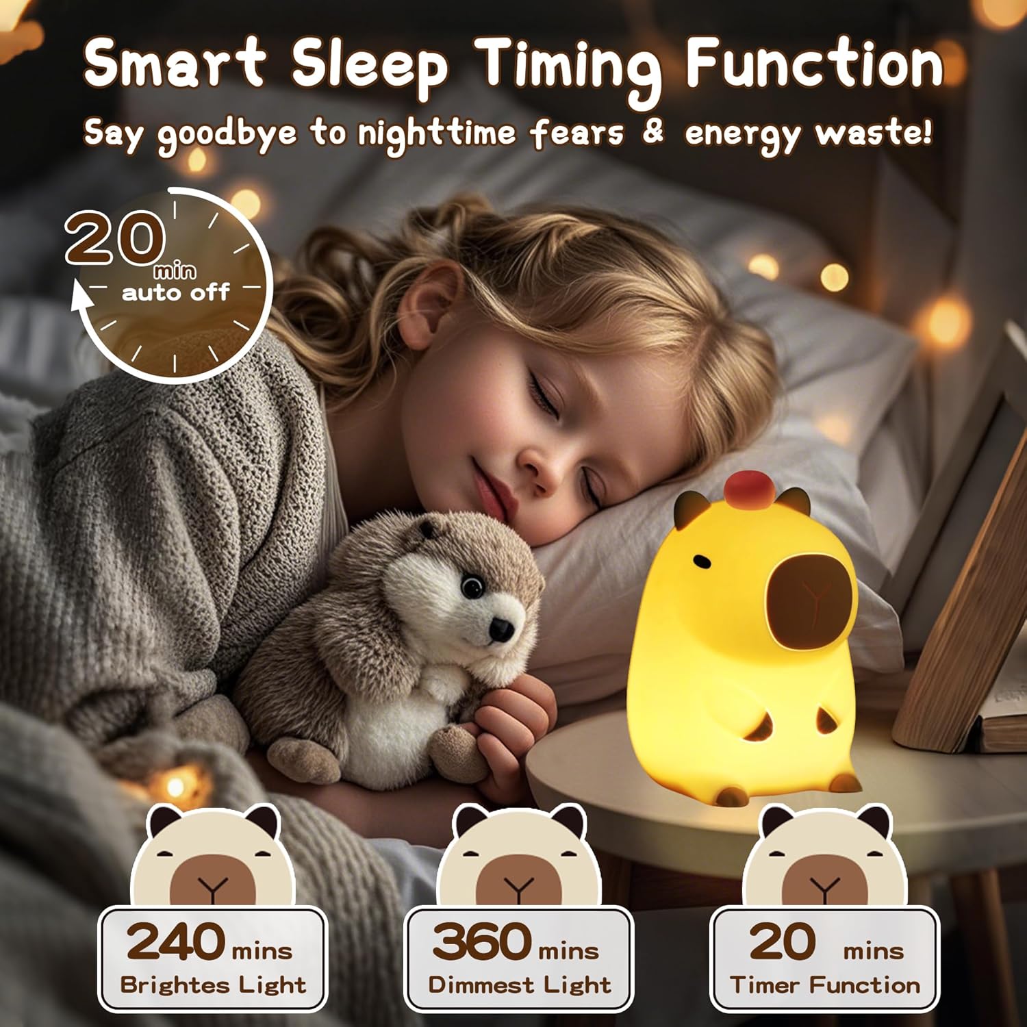 Capybara Night Light,Cute Tangerine LED Squishy Novelty Animal Night Lamp,Dimmable Soft Silicone