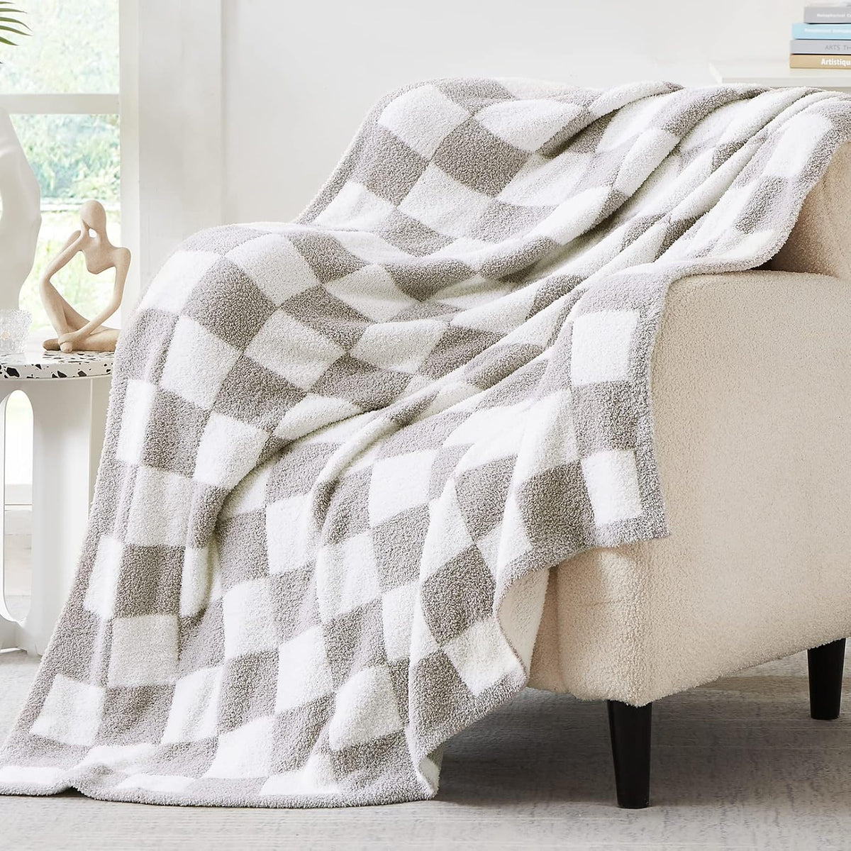 WRENSONGE Checkered Throw Blanket, Light Grey Soft Cozy Fluffy Warm Hand Made Throw Blankets for
