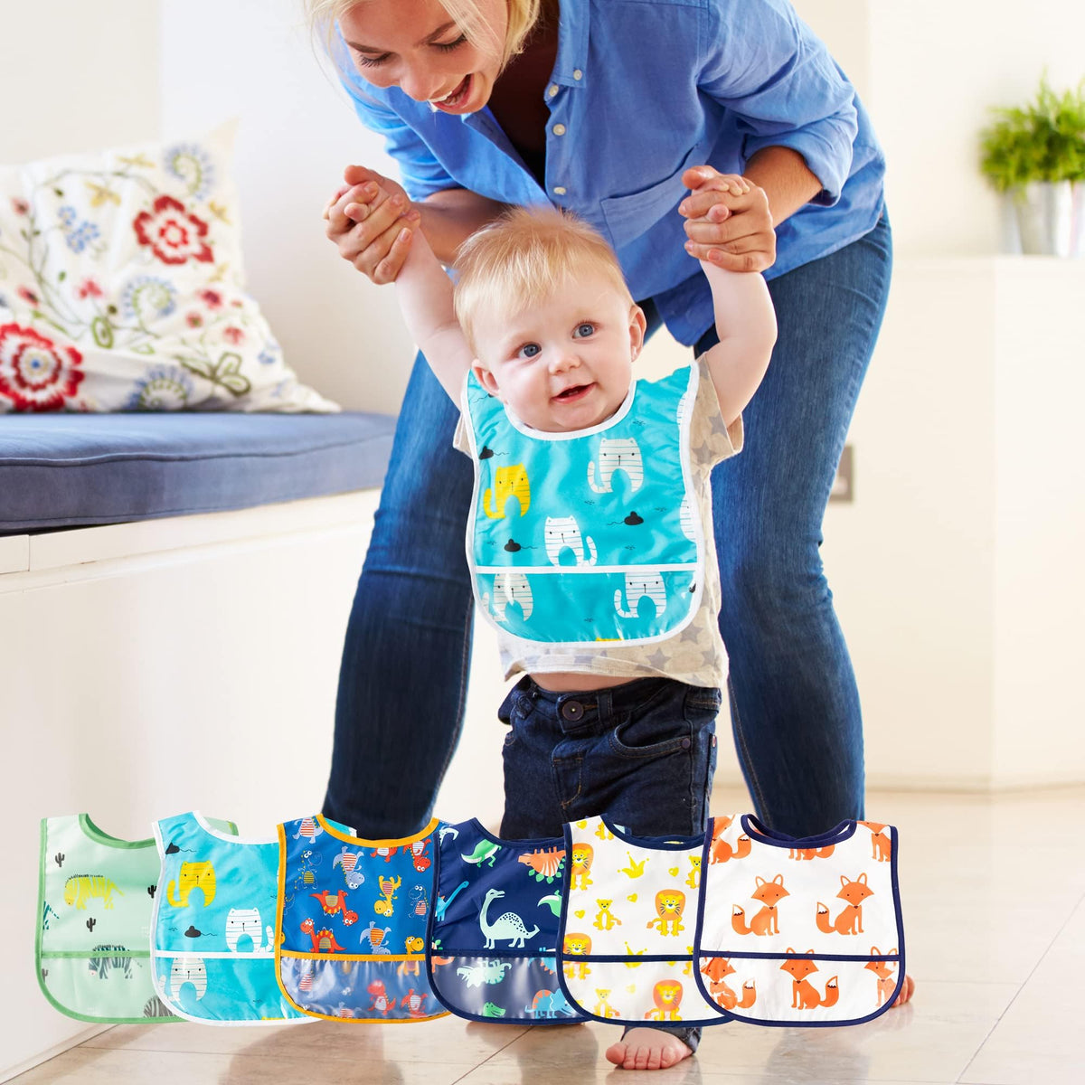 2ooya 6Pcs Waterproof Baby Bibs for Eating, Mess Proof Infant Feeding Bibs