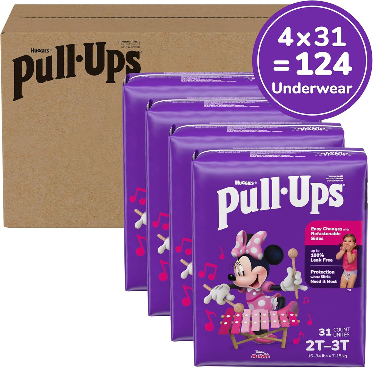 Pull-Ups Girls' Potty Training Pants, Size 2T-3T Training Underwear (16-34 lbs), 124 Count (4 packs