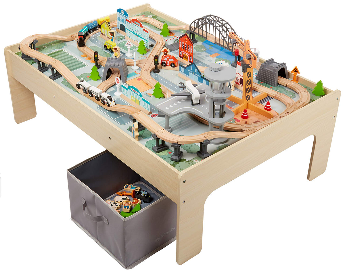 Amazon Basics 120 Piece Wooden Train Set with Activity Table, Sturdy Tracks, Storage Bin, Easy to