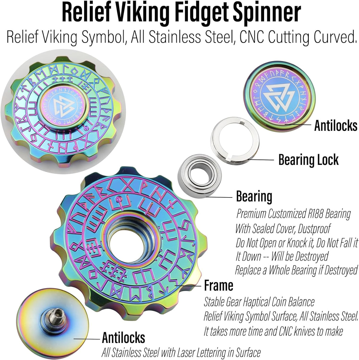 FREELOVE Metal Fidget Spinner, Viking Pirate Haptic Gyro, Heavy Stainless Steel Hand Spinning