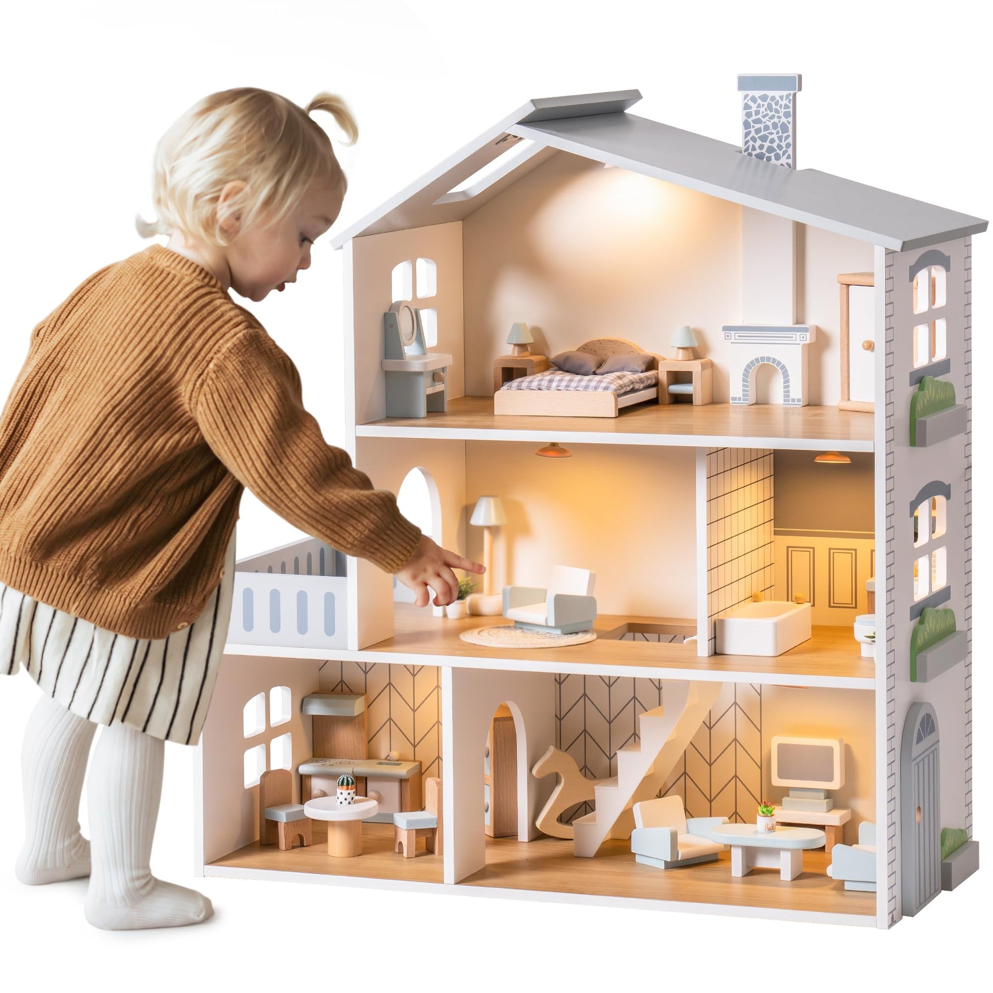 ROBUD Doll House, Wooden Dollhouse, Dollhouse Playset