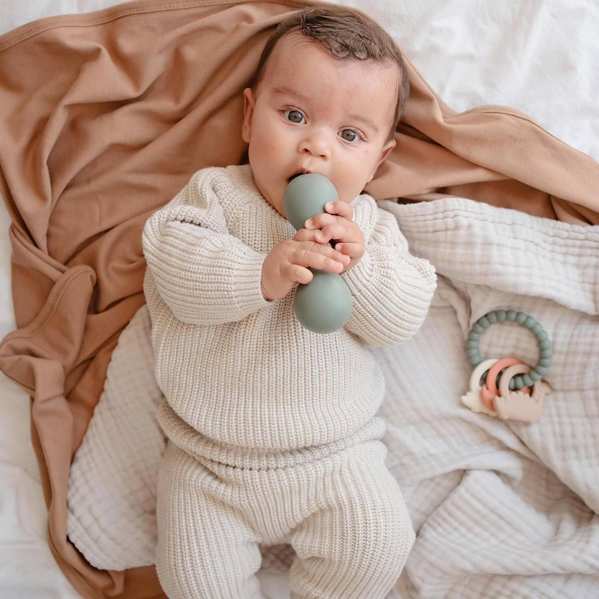 mushie Silicone Baby Shaker Rattle Toy | Ages 3+ Months (Dried Thyme)