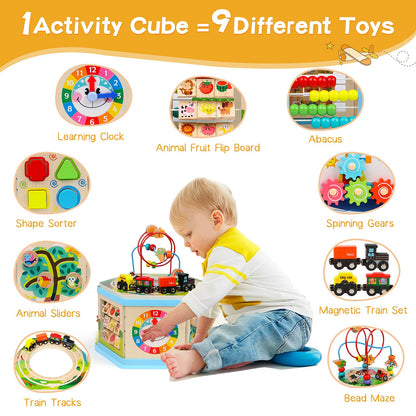 Wooden Activity Cube 9-in-1 Montessori Toys for 1+ Year Old Boys Girls Educational Learning Toys
