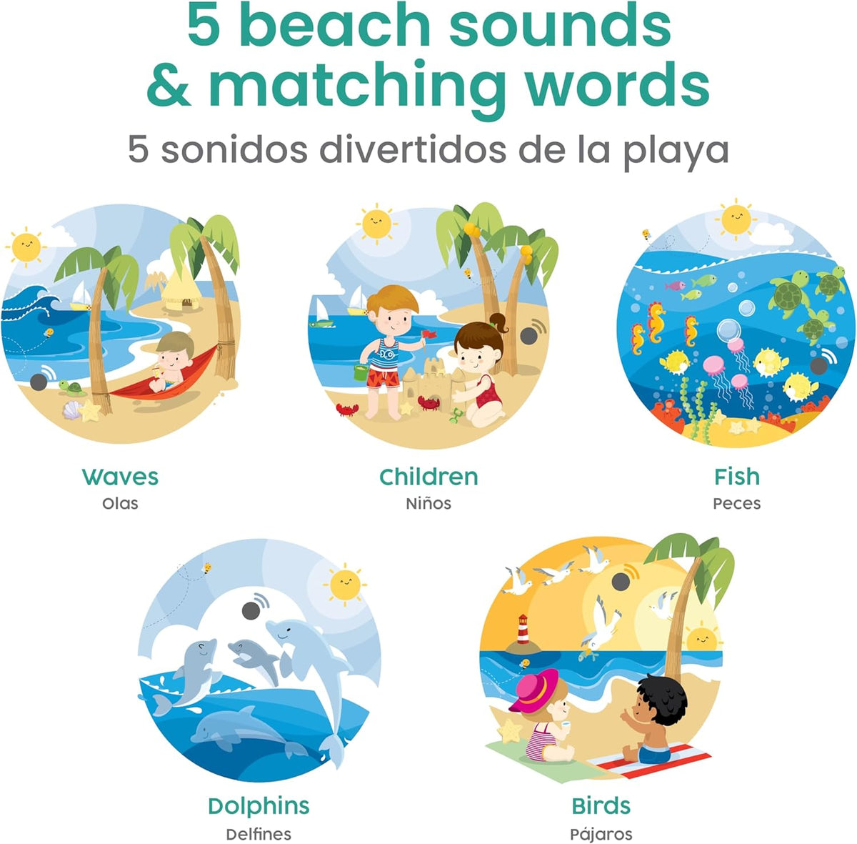 Binibi Spanish Books for Babies & Toddlers 1-3 The Beach Interactive Bilingual Sound Book with Fun
