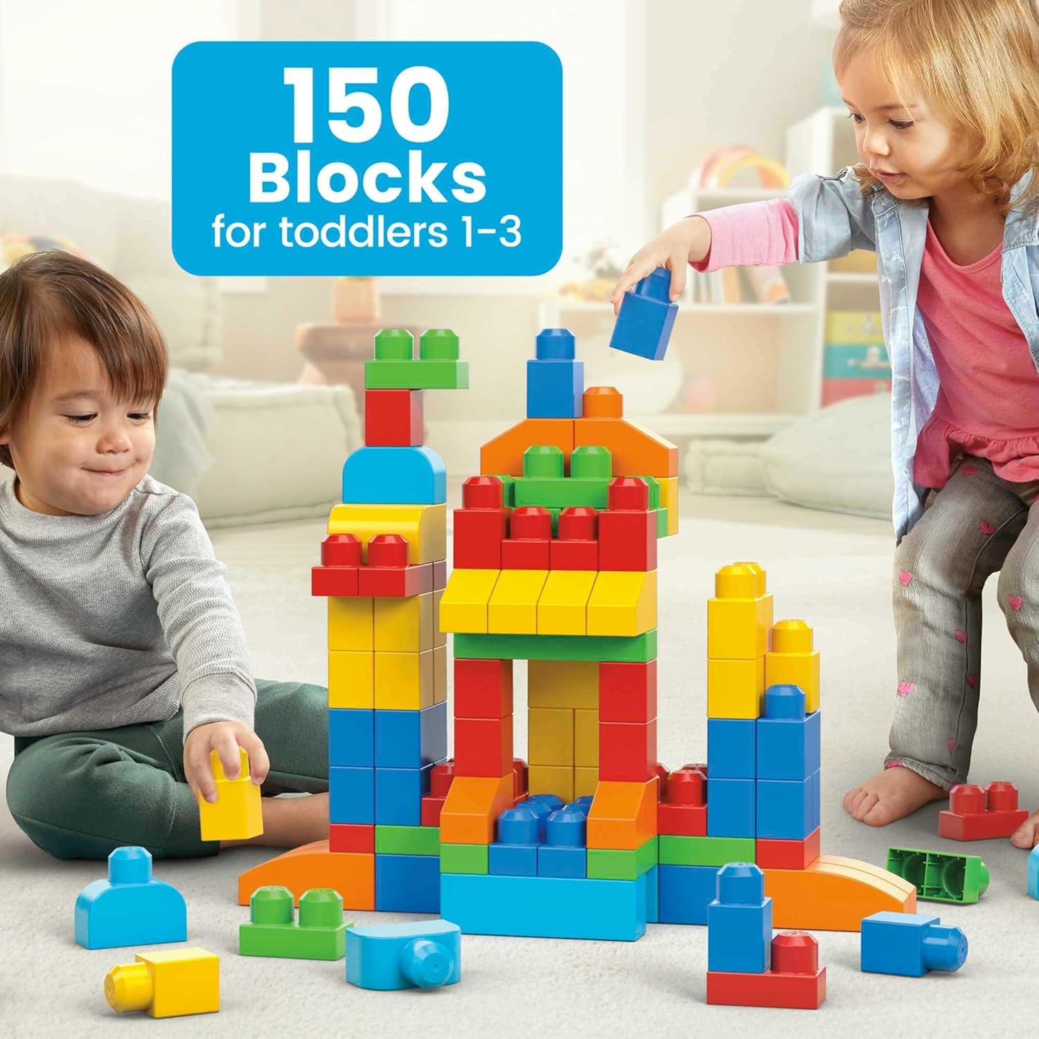 MEGA BLOKS First Builders Toddler Blocks Toys Set, Deluxe Building Bag with 150 Pieces and Storage