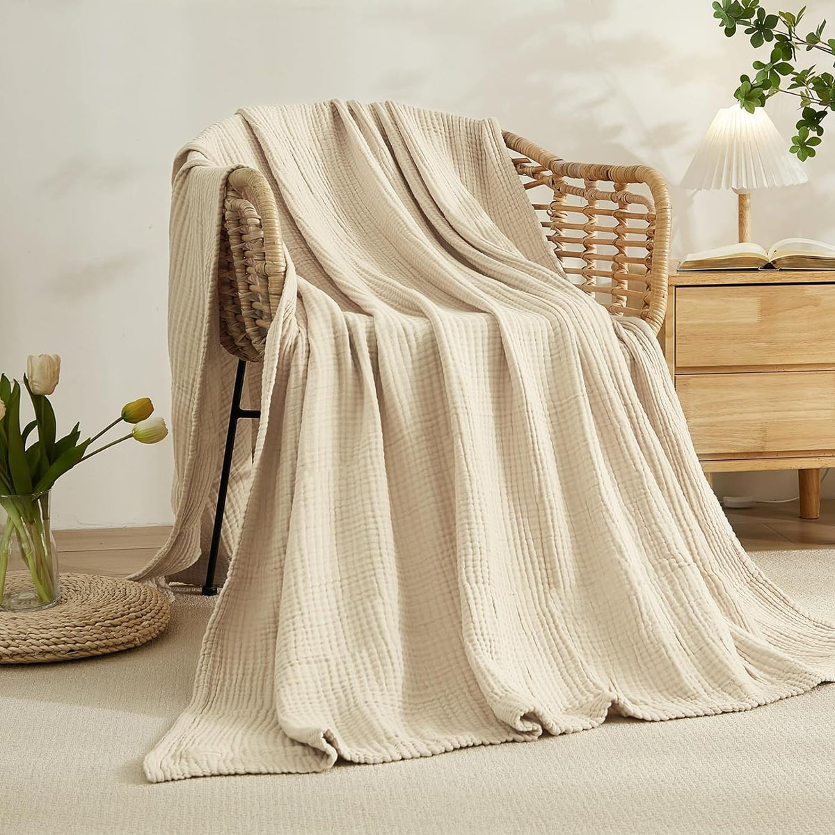EMME Cotton Throw Blanket Large 50"x70" Gifts for Women 100% Muslin for Couch Breathable Gauze All