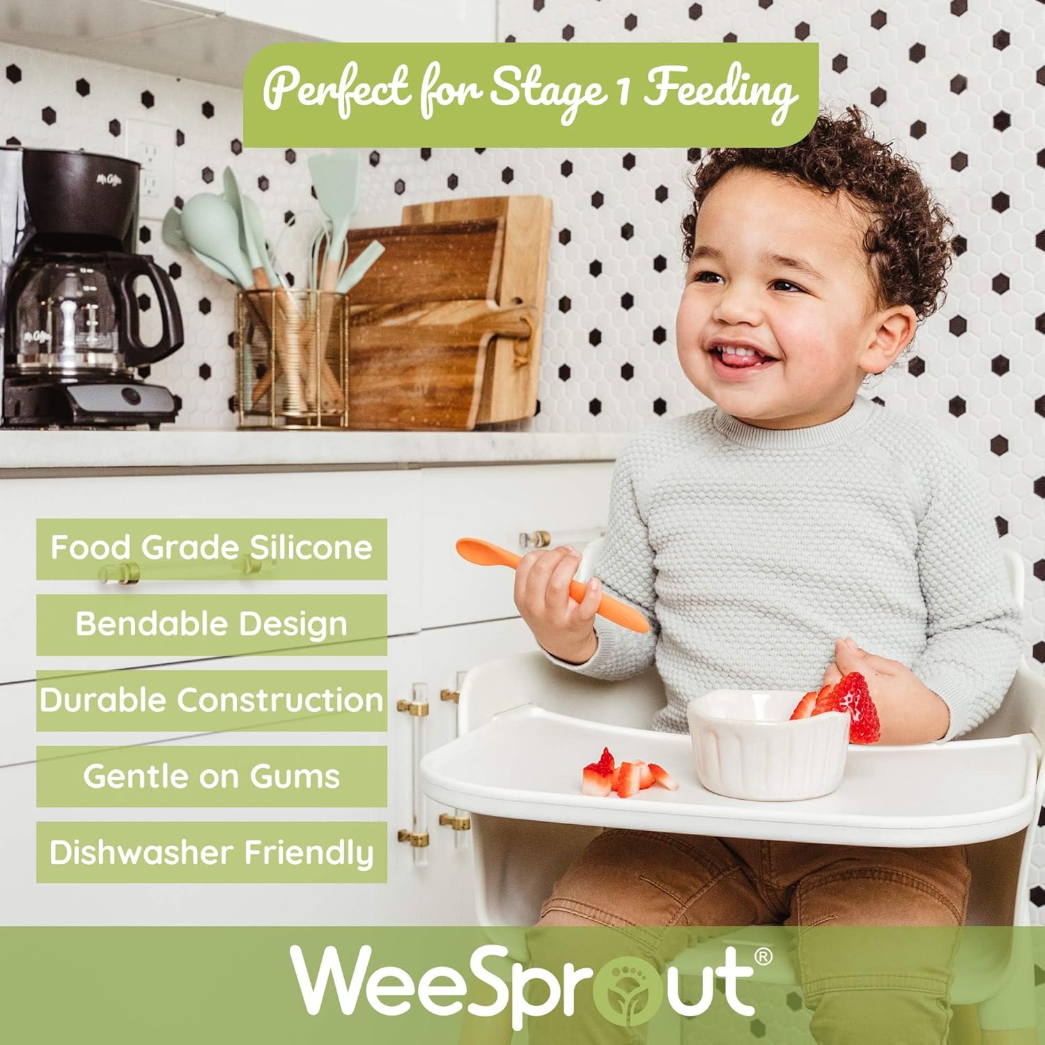 WeeSprout Silicone Baby Spoons - First Stage Infant Feeding Utensils With Soft-Tip, Bendable
