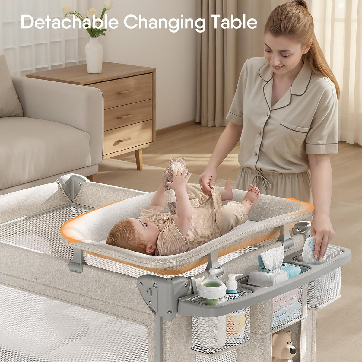 4 in 1 Baby Bassinet, Pack and Play, Bedside Crib Sleeper, Diaper Changer, Quickly Assembled and