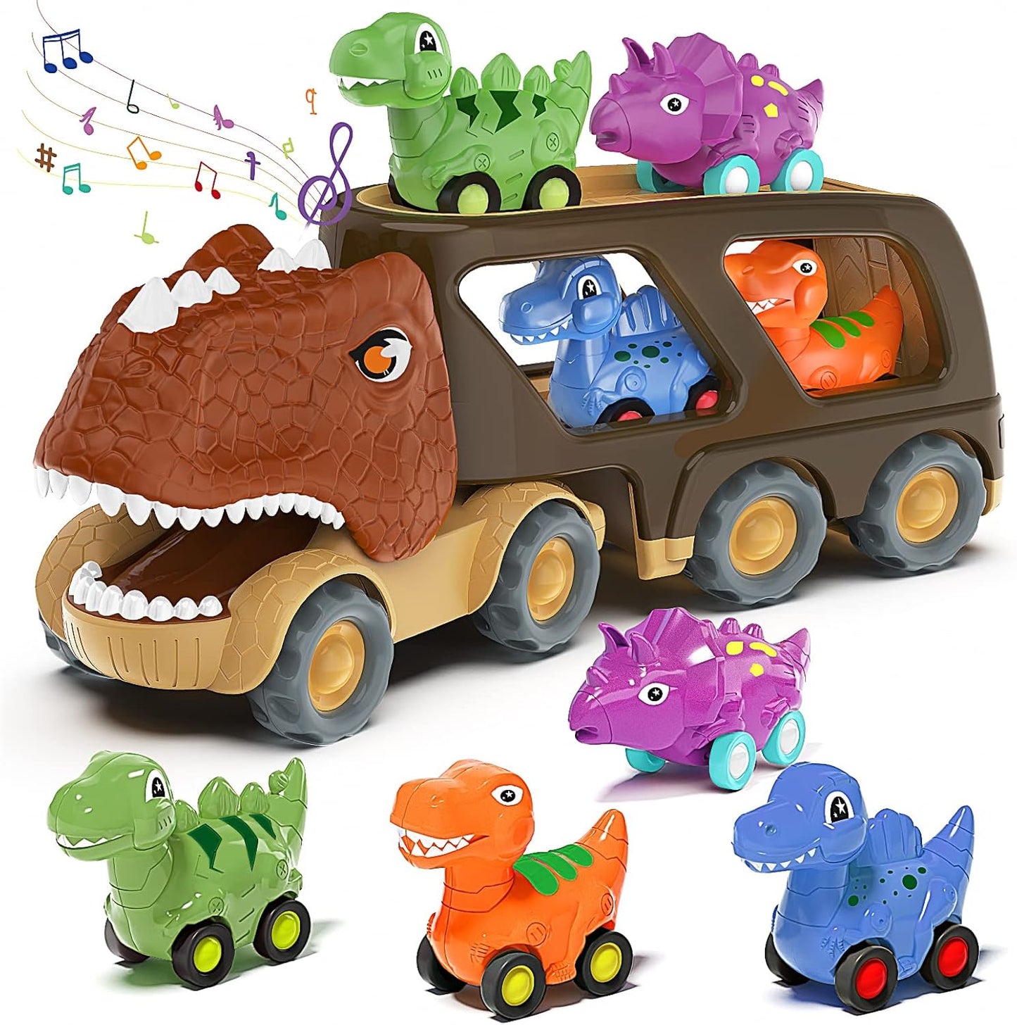 Veslier Dinosaur Car Toy for 2 3 4 5 Years Old Boys, Friction Power Carrier Truck with 4 Pack Small