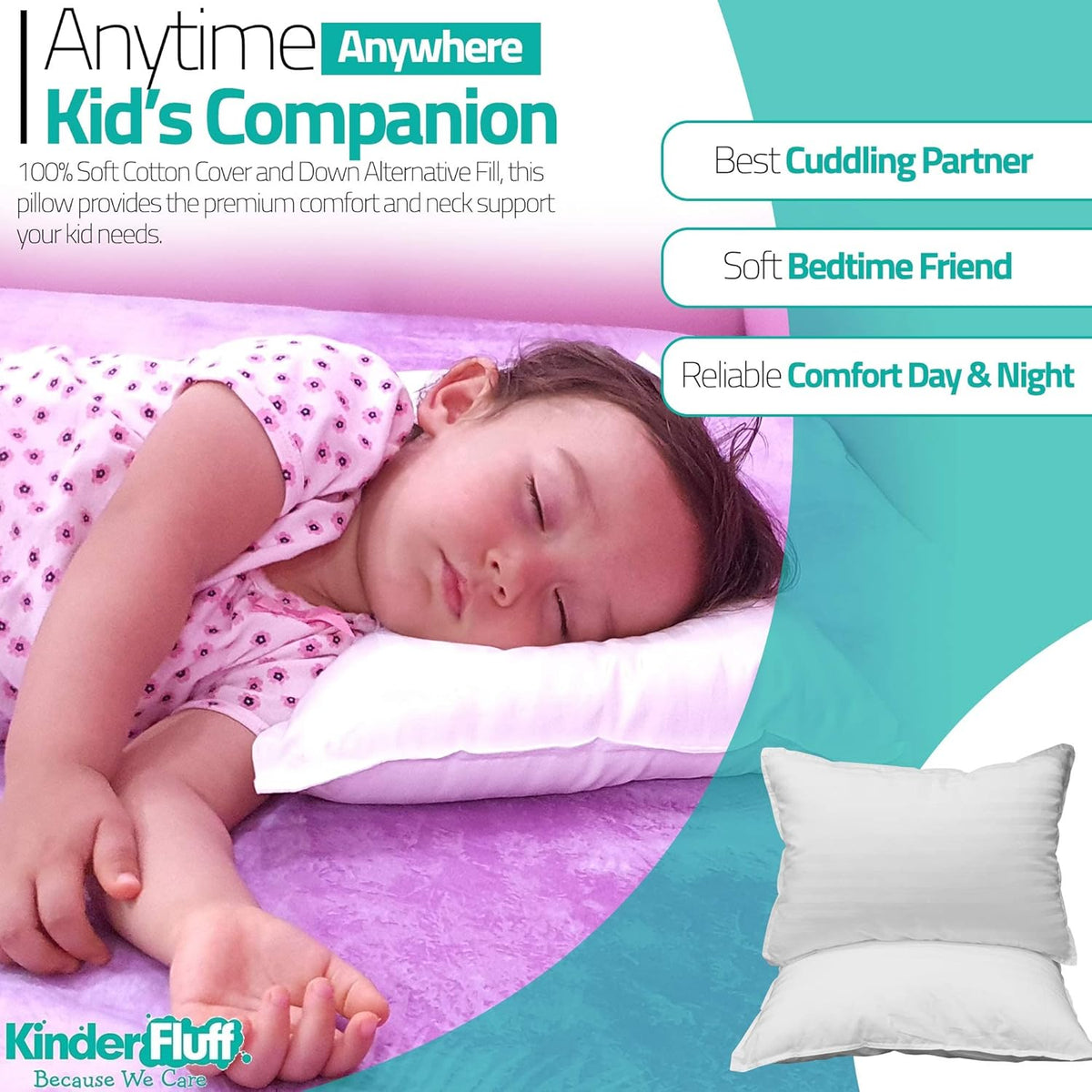 kinder Fluff Toddler Pillows (2pk) - The only Pillow for Kids 300T Cotton Shell & Down Alternative