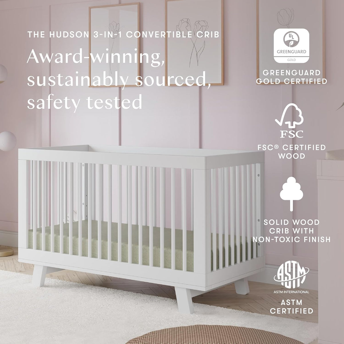 Babyletto Hudson 3-in-1 Convertible Baby Crib with Toddler Bed & Daybed Conversion - Easy to