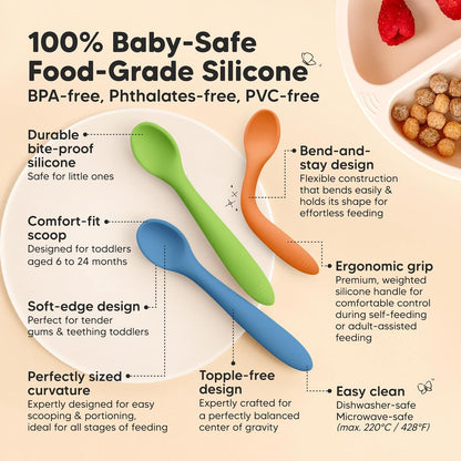 KeaBabies Silicone Baby Spoons, Self Feeding 6-12 months - 3-Pack Baby Weaning Eating Utensils