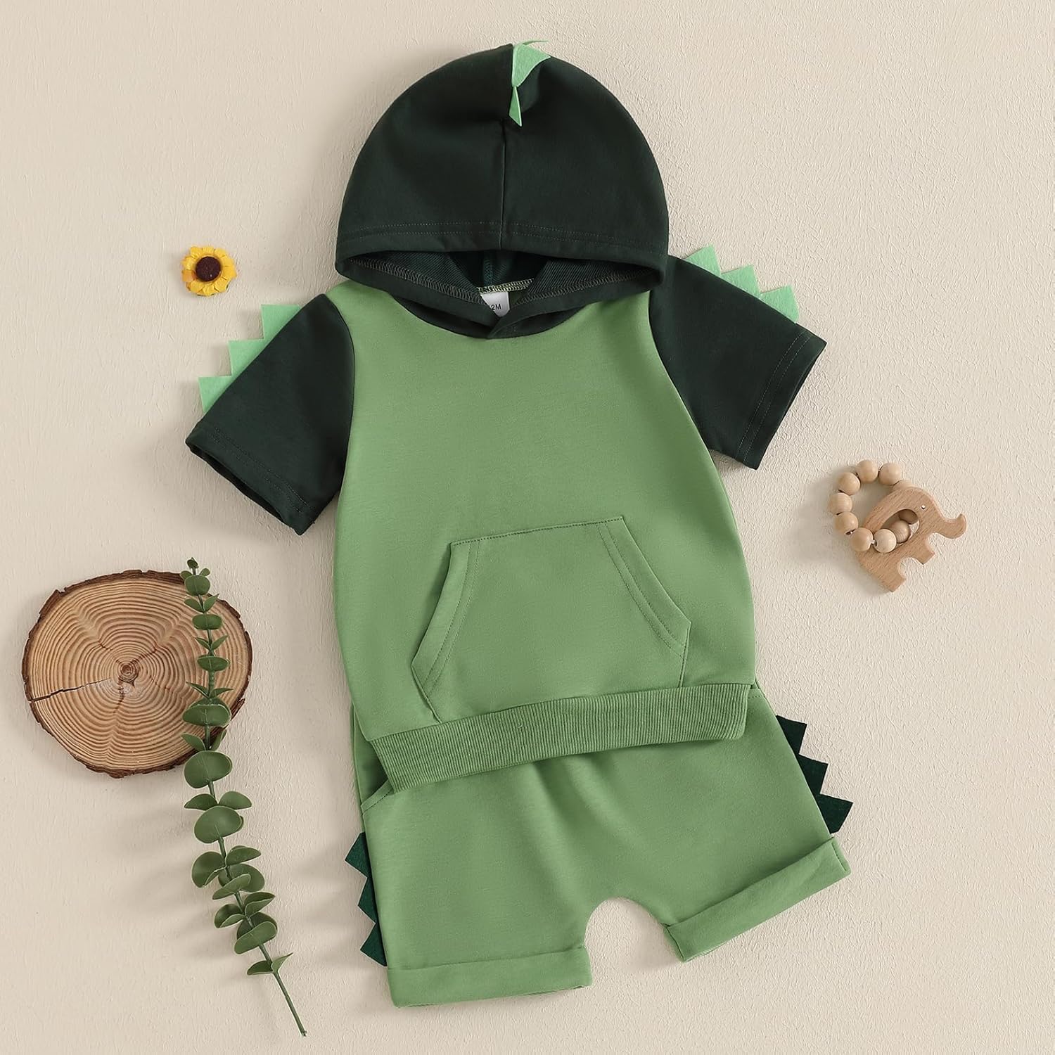 Toddler Baby Boy Summer Hooded Outfit Contrast Color Short Sleeve T Shirt Top Elastic Shorts Summer