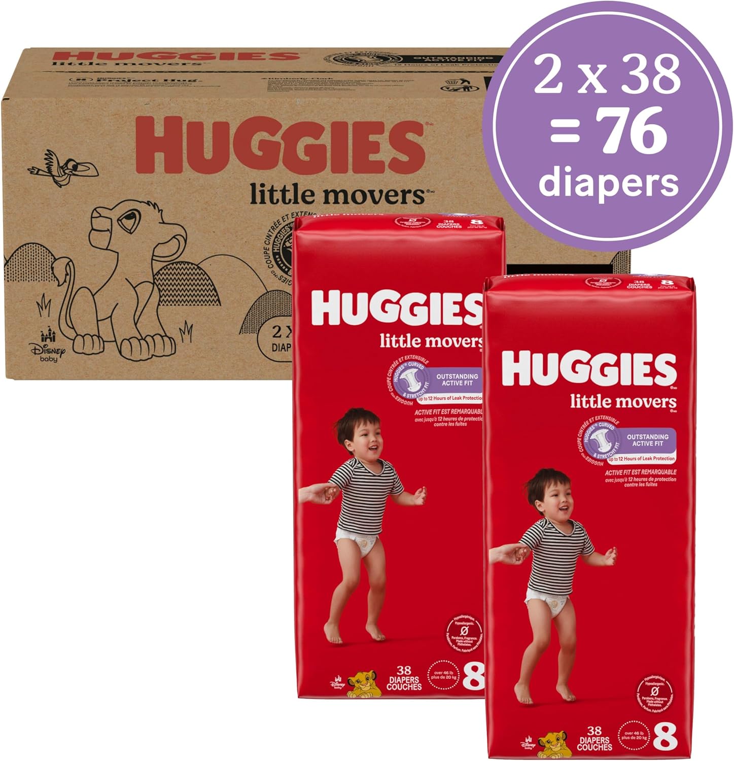Huggies Size 8 Diapers, Little Movers Baby Diapers, Size 8 (46+ lbs), 76 Count (2 Packs of 38)