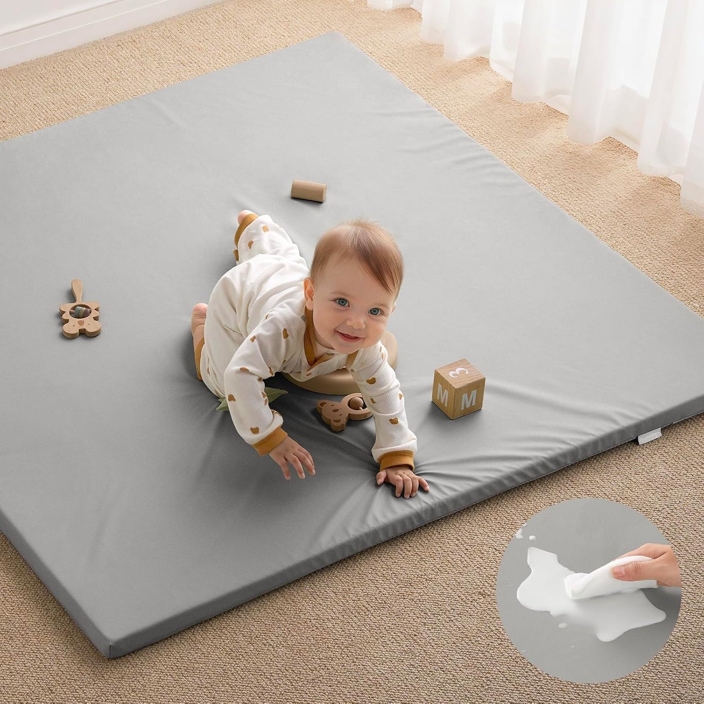 Blissful Diary Vegan Leather Baby Play Mat, 50x50 Thicken Foam Cushioned & Waterproof Playpen Mat