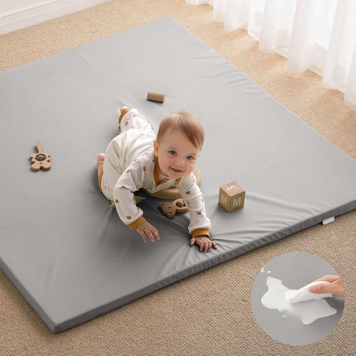 Blissful Diary Vegan Leather Baby Play Mat, 50x50 Thicken Foam Cushioned & Waterproof Playpen Mat