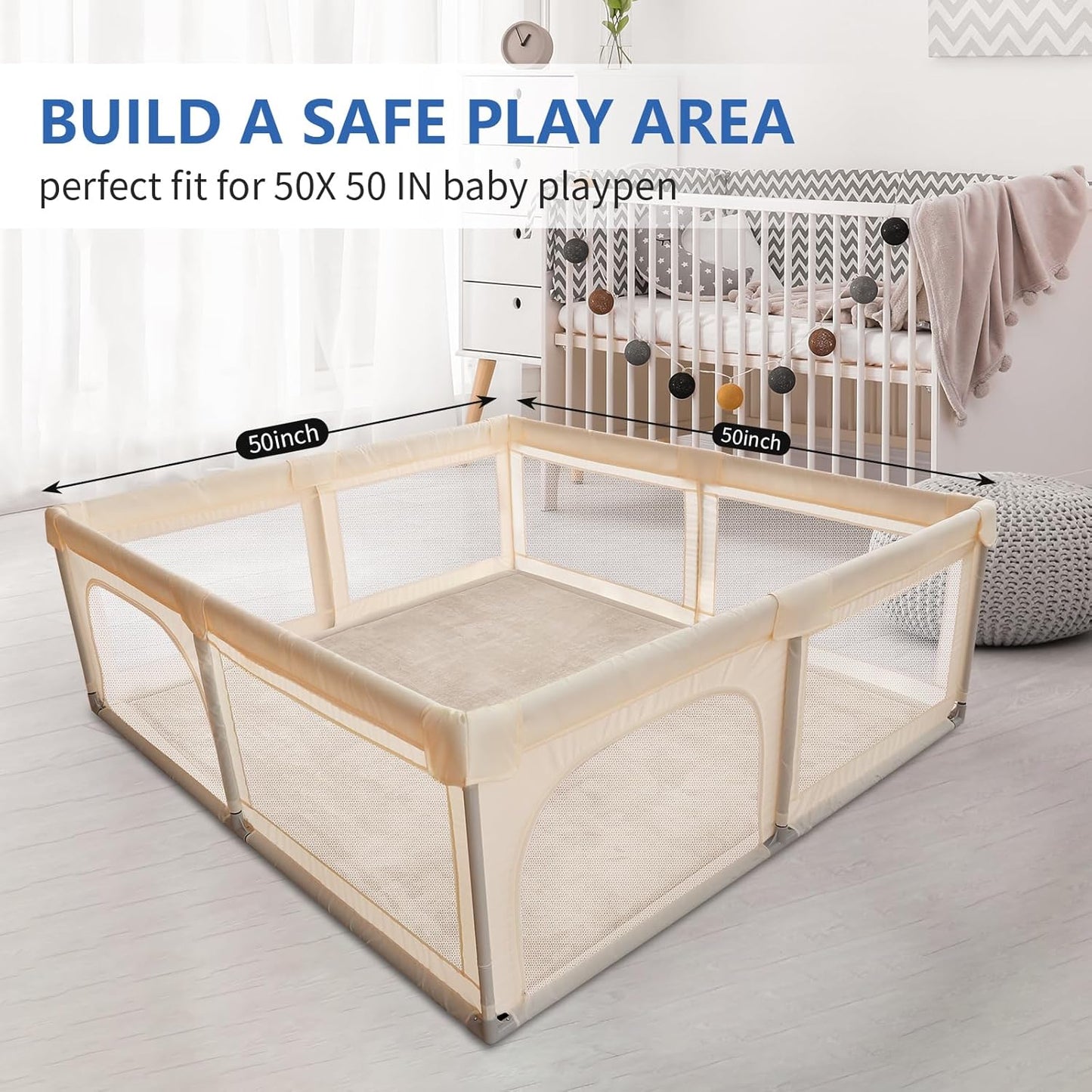 Baby Play Mat for Floor, 1.3" Thick Elasti-Foam 50x50 Playpen Mat for Toddlers Infant