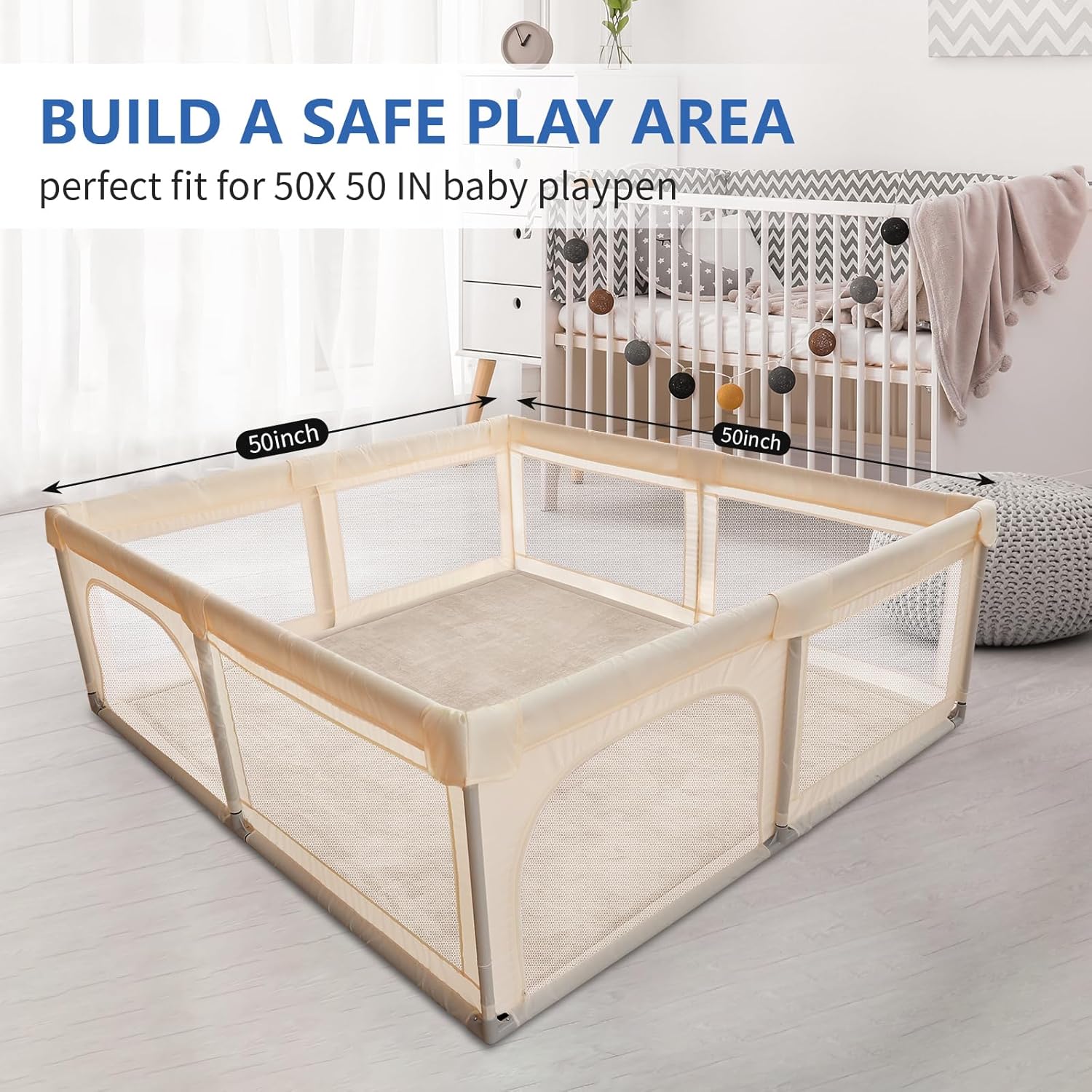 Baby Play Mat for Floor, 1.3" Thick Elasti-Foam 50x50 Playpen Mat for Toddlers Infant