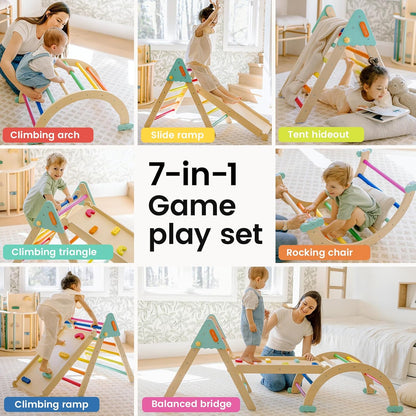 Tiny Land Pikler Triangle Set,7-in-1 Foldable Montessori Toddler Climbing Toys Indoor, Wooden