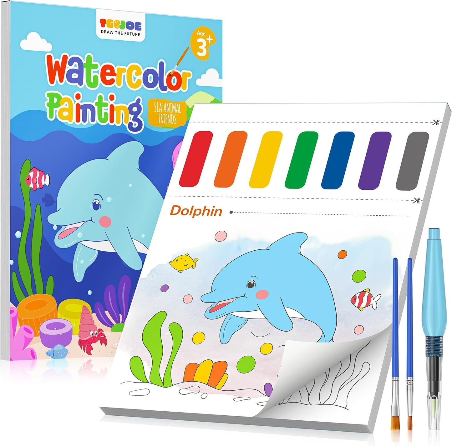 TECJOE Paint with Water Coloring Books for Toddlers, Marine Animal Series Watercolor Set with 3