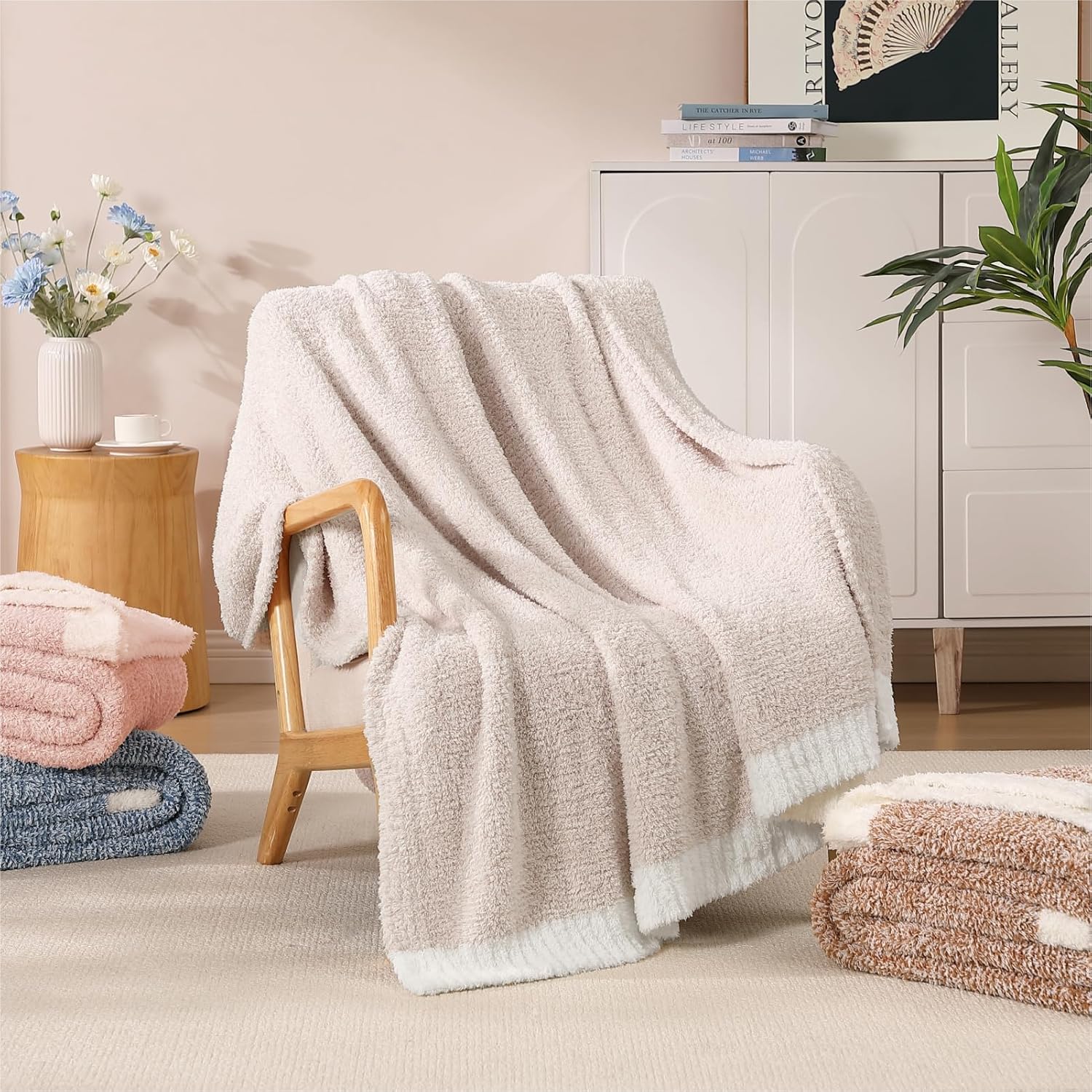 WRENSONGE Throw Blanket Cationic Dyeing Taupe Soft Cozy Fluffy Warm Hand Made Weave Throw Blankets