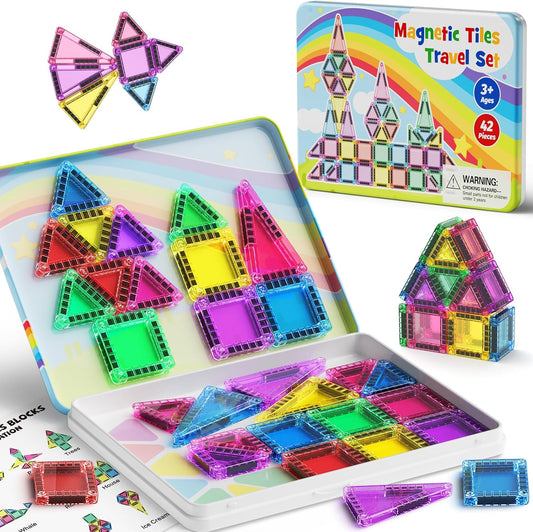 Magnetic Tiles Travel Toys for Kids 4-8, 42PCS Candy Color STEM Building Blocks with Visual Storage