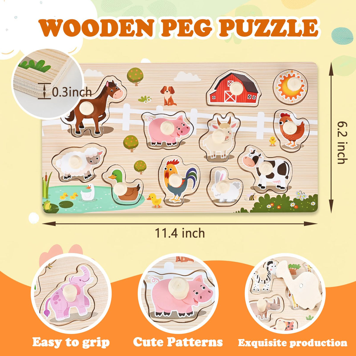 WoodTrove Wooden Peg Puzzles for Toddlers 1-3, 2 Pcs Montessori Puzzles, Zoo & Farm Animal Puzzles