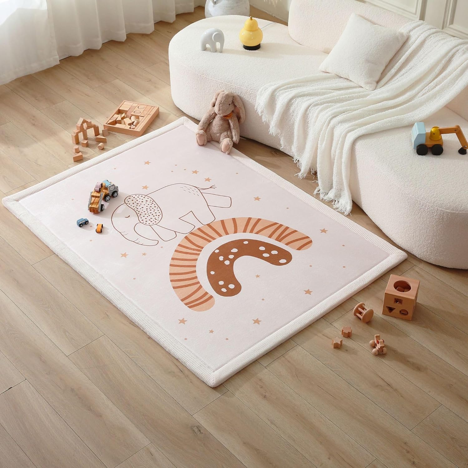 Stylish Coral Baby Play Mat for Floor 47" x 67" Rainbow Elephant – Soft 1" Thick High-Density