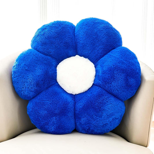 Royal Blue Flower Pillow, Cute Decorative Flower Shaped Throw Pillow with Faux Rabbit Fur, 14.9"