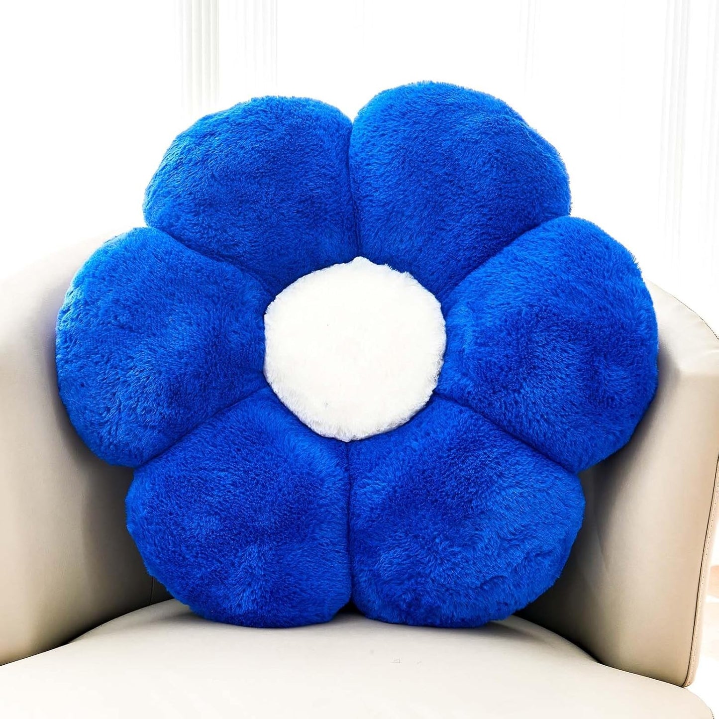 Royal Blue Flower Pillow, Cute Decorative Flower Shaped Throw Pillow with Faux Rabbit Fur, 19.6"