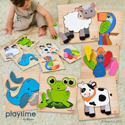 MAGIFIRE Wooden Puzzles for Toddlers 1-3 - 6-Pack Multicolor Cartoon Animal Puzzle Set - Large